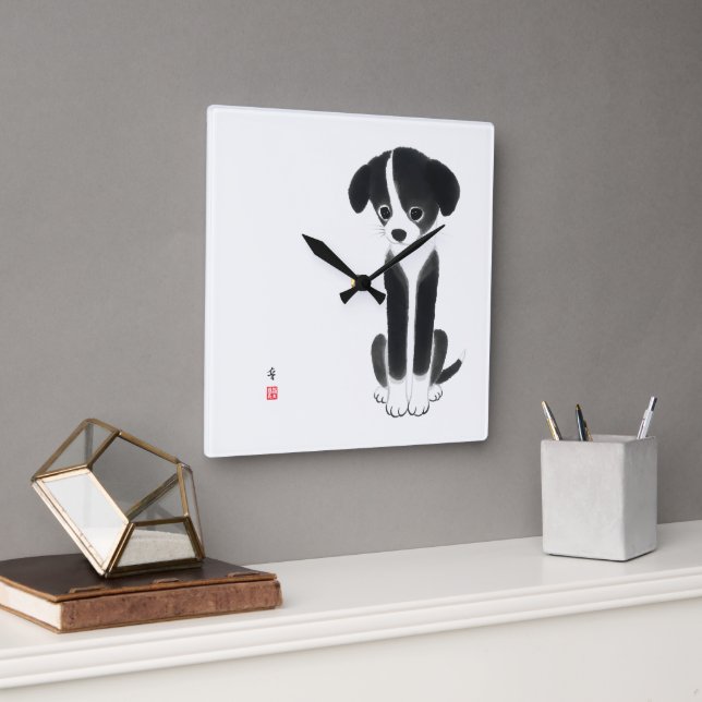 Quiet Paws - Minimalist Ink Puppy  Square Wall Clock (Office)