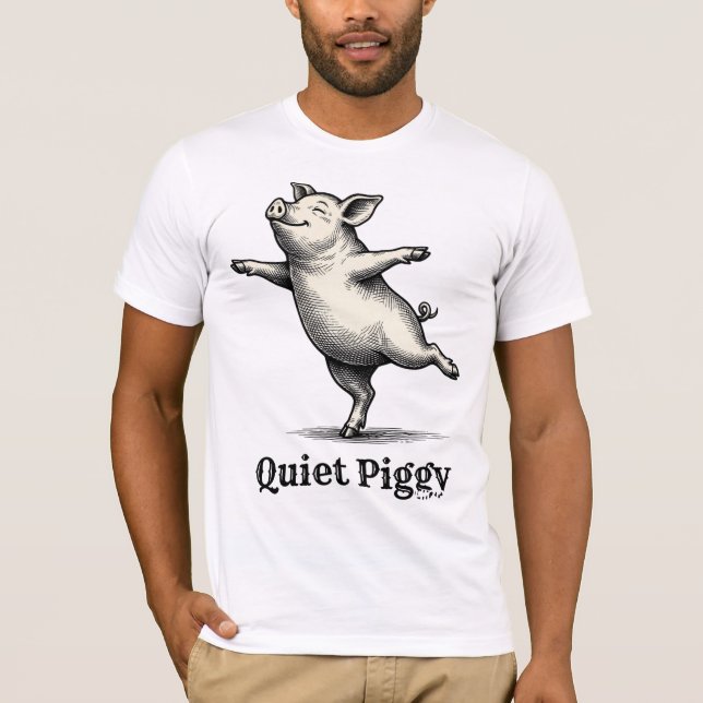 Quiet Piggy Vintage Woodcut Dancing Pig T-Shirt (Front)