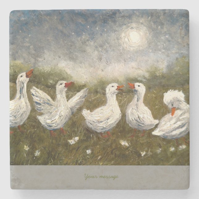 Quiet Quack: White Duck Starry Night Goose Stone Coaster (Front)