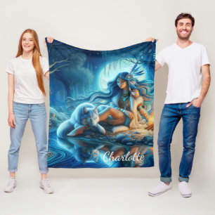 Quiet river evening with a Native and wolf Fleece Blanket