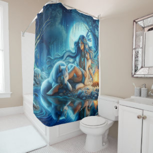Quiet river evening with a Native and wolf Shower Curtain
