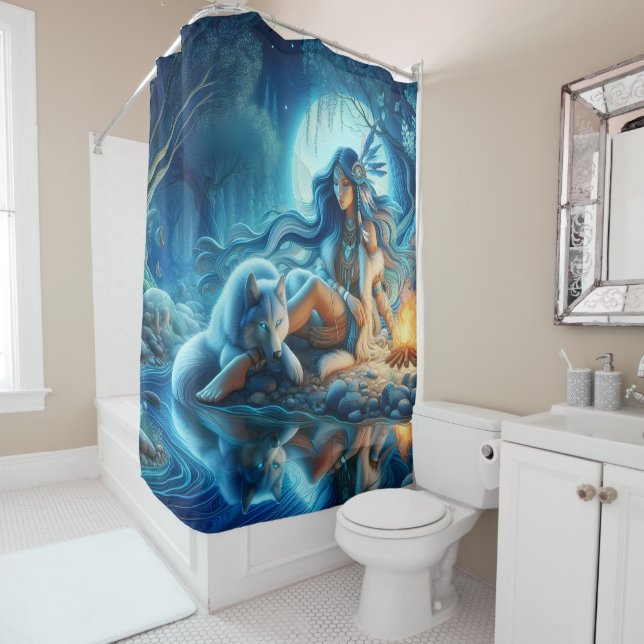 Quiet river evening with a Native and wolf Shower Curtain (In Situ)