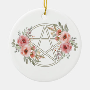 Quiet Sage Floral Pentacle Ceramic Ornament