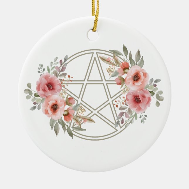 Quiet Sage Floral Pentacle Ceramic Ornament (Front)