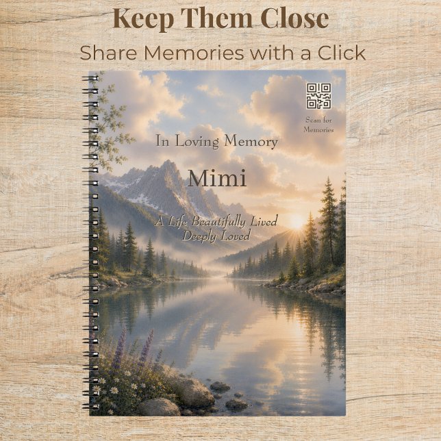 Quiet Waters Memorial Journal with QR Code (Elegant memorial journal with custom QR code and peaceful watercolor mountain lake artwork.)