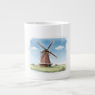Quiet Windmill in the Fields – Soft Watercolor Lan Large Coffee Mug