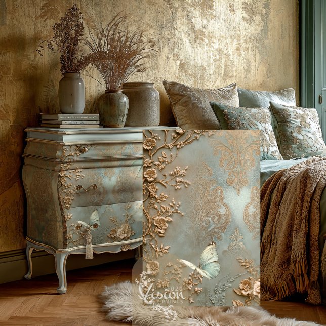 Quiet yearning Baroque Butterfly Floral Vines Tissue Paper (Vintage Baroque Butterfly, & Gold Floral Vines, Mint Sage Green, Damask Decoupage Tissue Paper.)