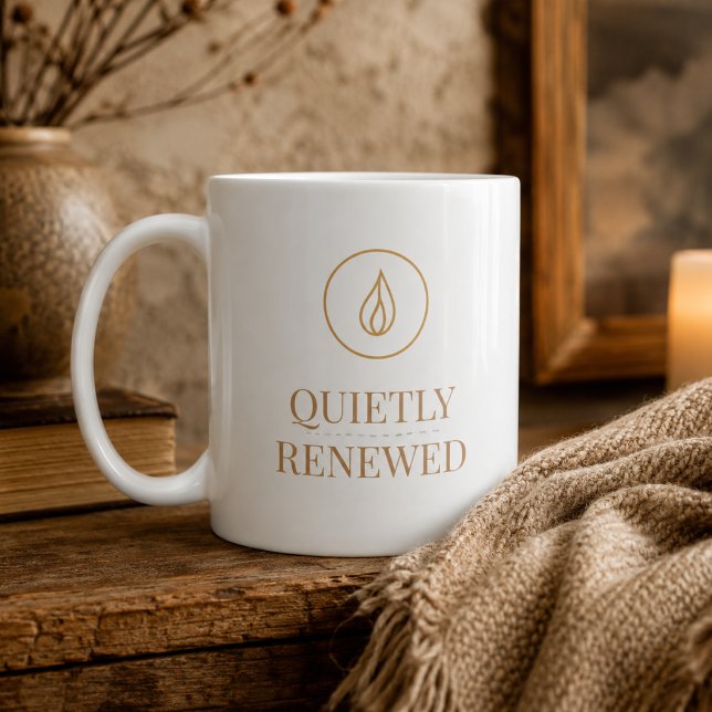 Quietly Renewed Classic Mug, 11 oz Coffee Mug (A delicate flame emblem and clean typography complement modern farmhouse and boho spaces.)