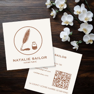Quill Feather Ink Pen Logo Notary Public CUSTOM QR Square Business Card