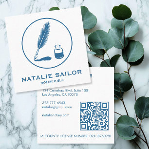 Quill Feather Ink Pen Logo Notary Public CUSTOM QR Square Business Card