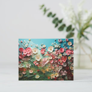 Quilled Cherry Blossom Art on Blue Postcard