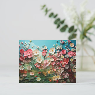 Quilled Cherry Blossom Art on Blue Postcard