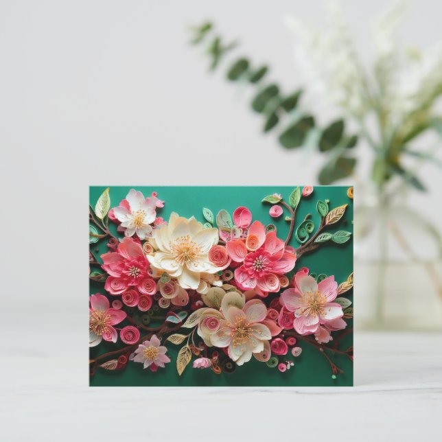 Quilled Cherry Blossom Art Postcard - Green Bloom (Standing Front)