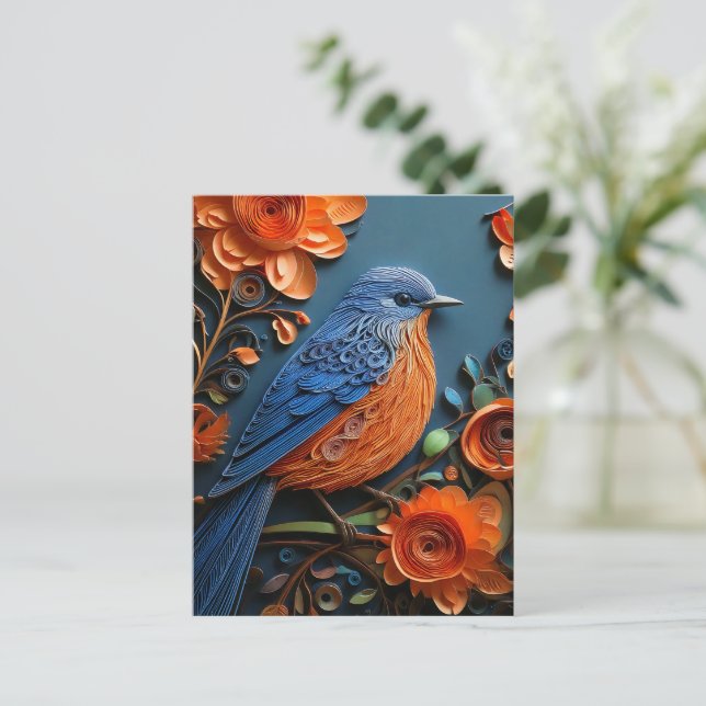 Quilled Eastern Bluebird with Orange Blossoms Postcard (Standing Front)