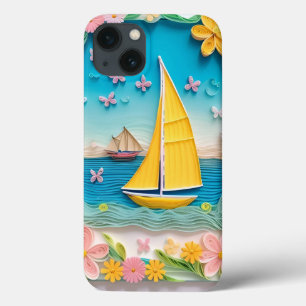 Quilled Nature Scene with Sailing Boat iPhone 13 Case