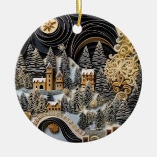 Quilled Winter Wonderland Village Ceramic Ornament
