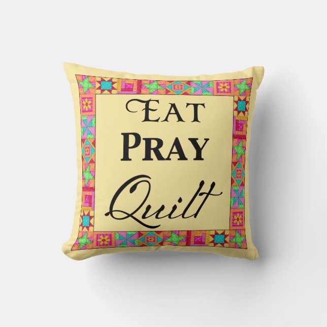 Quilt Blocks Border Art Eat Pray Quilt Yellow Cushion (Front)