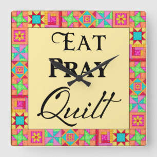 Quilt Blocks Border Art Eat Pray Quilt Yellow Square Wall Clock
