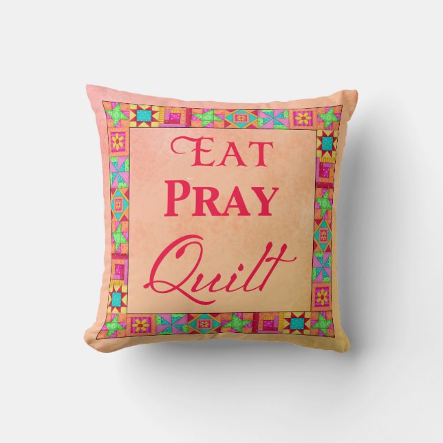 Quilt Blocks Patchwork Eat Pray Quilt Coral Yellow Cushion (Front)