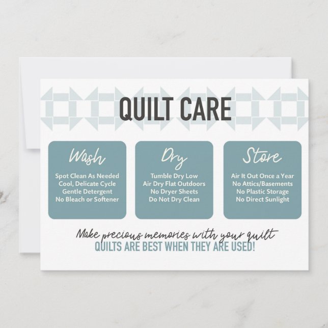 Quilt Care Card - Modern Design - Teal (Front)