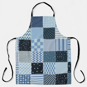Quilt design, geometric patchwork, blue tones. apron