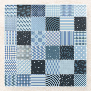 Quilt design, geometric patchwork, blue tones. glass coaster