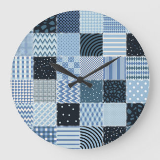 Quilt design, geometric patchwork, blue tones. large clock