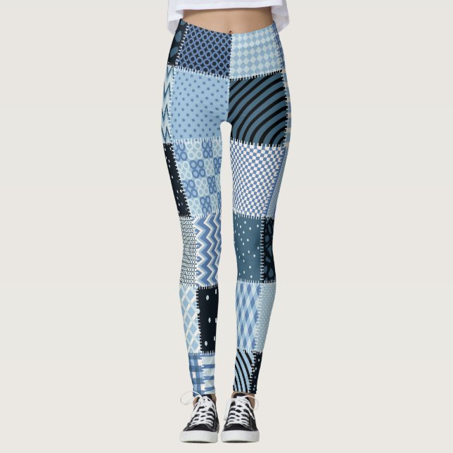Quilt design, geometric patchwork, blue tones. leggings (Front)