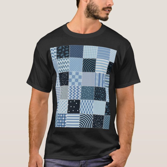 Quilt design, geometric patchwork, blue tones. T-Shirt (Front)