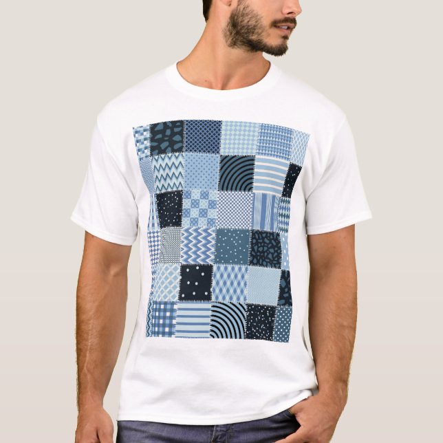 Quilt design, geometric patchwork, blue tones. T-Shirt (Front)