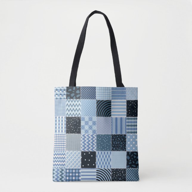 Quilt design, geometric patchwork, blue tones. tote bag (Front)