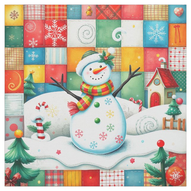 Quilt Look Patchwork Christmas Snowman Fabric (Swatch)