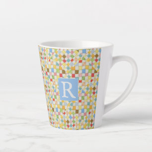 QUILT MOSAIC Latte Mug + Text / Blue