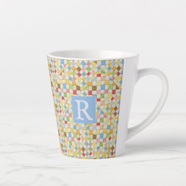 QUILT MOSAIC Latte Mug + Text / Blue (Right)