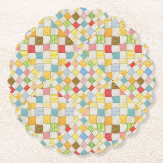 QUILT MOSAIC Scalloped Round Paper Coasters (Front)