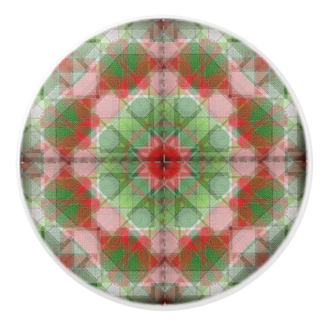 Quilt pattern ceramic knob red white (Front)