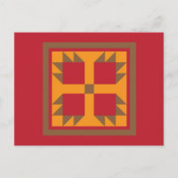 Quilt Postcard - Bear Paw Block (gold, red, brown)