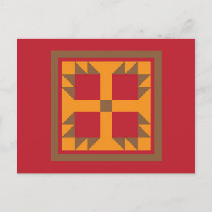 Quilt Postcard - Bear Paw Block (gold, red, brown)