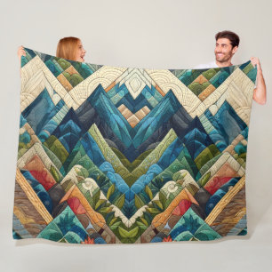 Quilted Abstract Mountain Scene Drawing Fleece Blanket