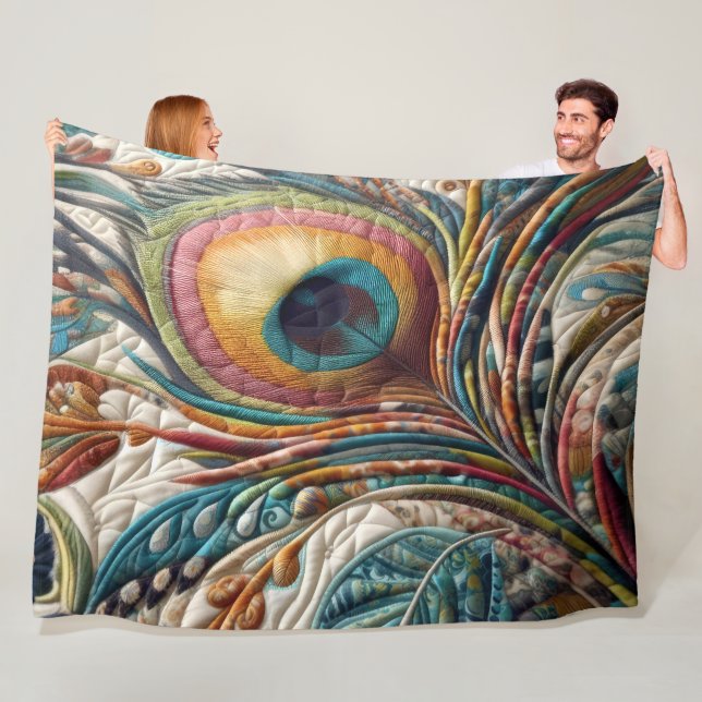 Quilted Abstract Peacock Feather Fleece Blanket (In Situ)