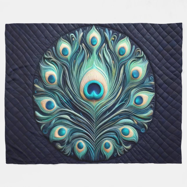 Quilted Abstract Peacock Feathers Navy Blue Fleece Blanket (Front (Horizontal))