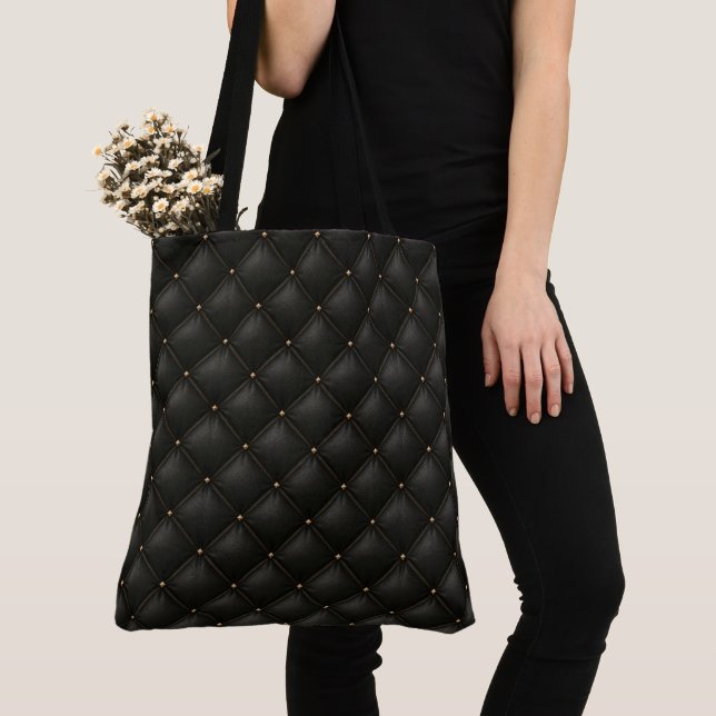 Quilted Black Leather with Gold Studs Tote Bag (Close Up)
