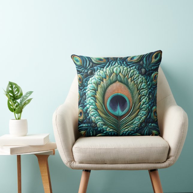 Quilted Blue Peacock Feathers Design Cushion (Chair)