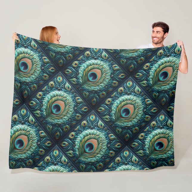 Quilted Blue Peacock Feathers Design Fleece Blanket (In Situ)