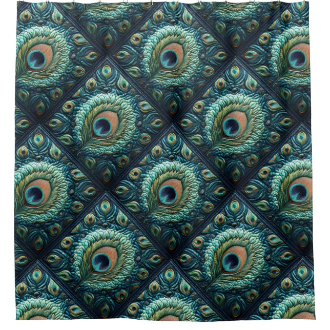 Quilted Blue Peacock Feathers Design Shower Curtain (Front)