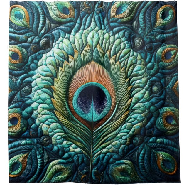 Quilted Blue Peacock Feathers Design Shower Curtain (Front)