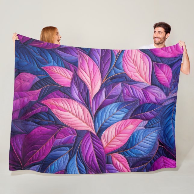 Quilted Blue Purple Pink Leaves Design Fleece Blanket (In Situ)