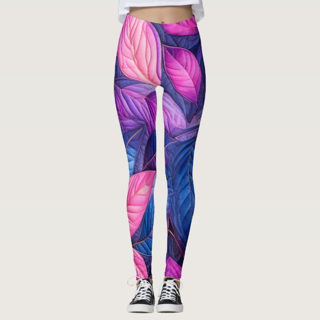 Quilted Blue Purple Pink Leaves Design Leggings (Front)