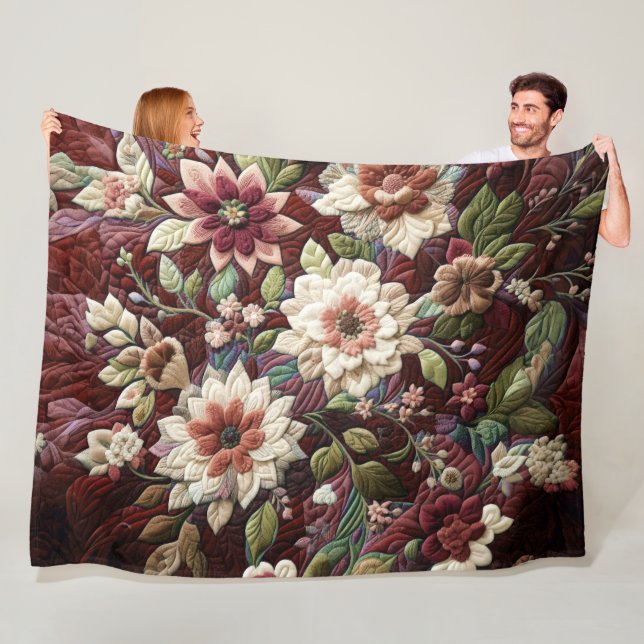 Quilted Burgundy Floral Design Fleece Blanket (In Situ)