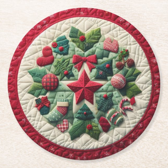 Quilted Christmas Design Round Paper Coaster (Front)
